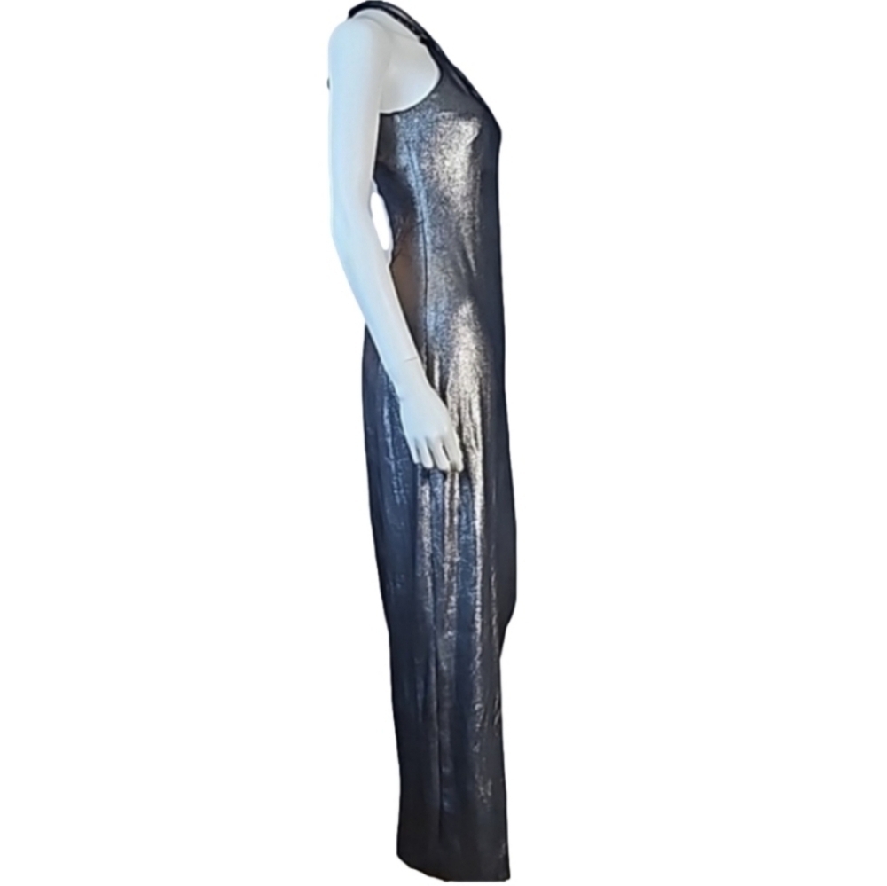 Vintage Alex Evenings Metallic Pewter Halter Back Zip Front Slit Formal … - Picture 5 of 16
